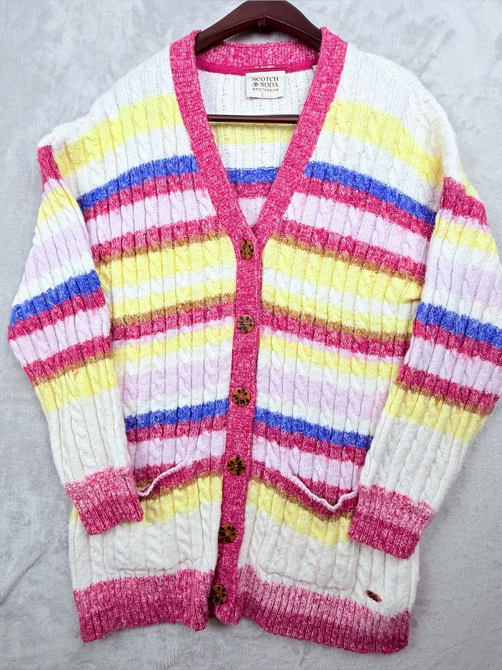 Scotch & Soda In Bloom XL Cable Knit Long Cardigan Colorful Striped Button Sweat